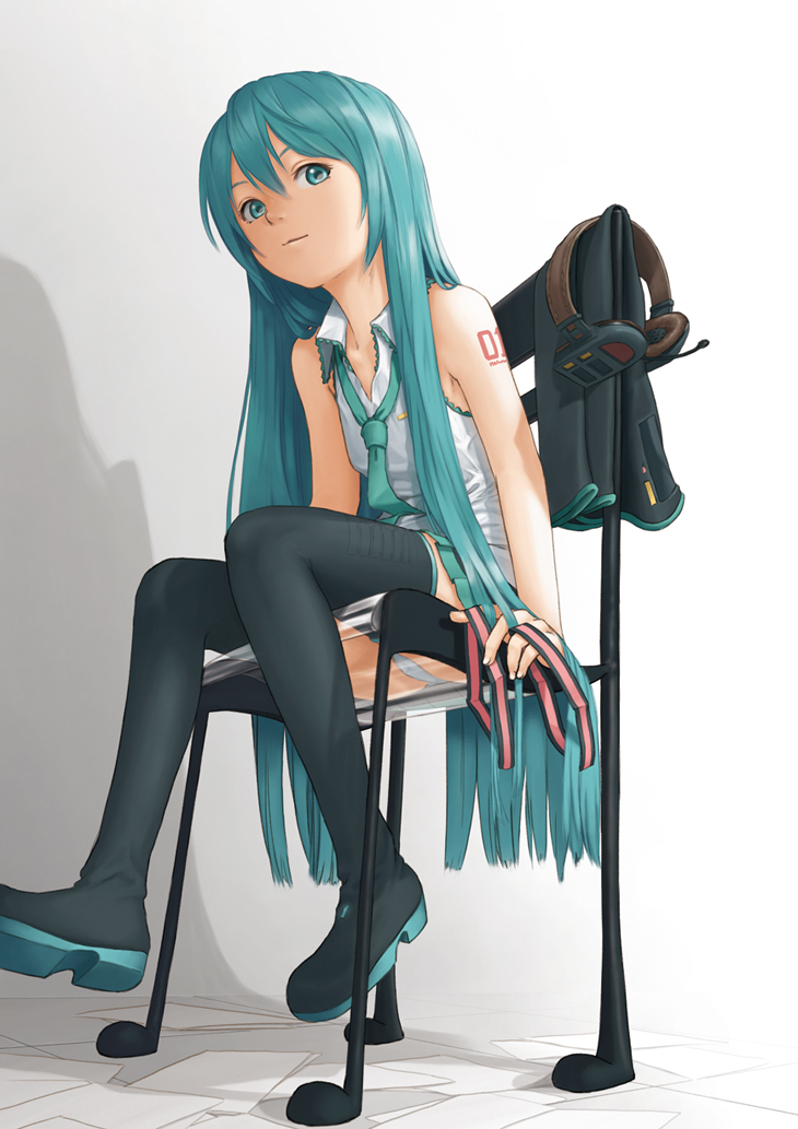 aqua_eyes, aqua_hair, boots, chair, detached_sleeves, hair_down, hatsune_miku, headphones
