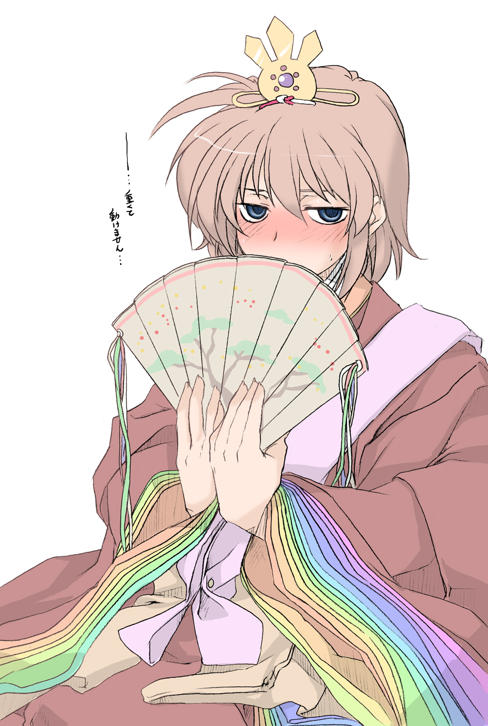 blue_eyes, blush, crown, empty_eyes, fan, folding_fan, highres, hmx99_elf