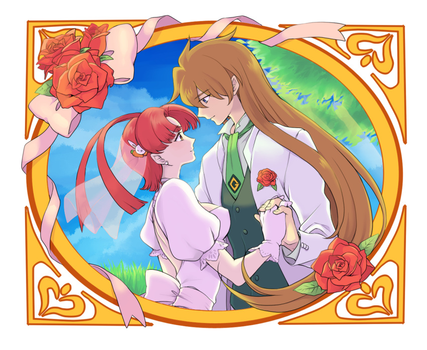 1girl, antenna_hair, blue_eyes, breasts, bridal_veil, bride, brown_eyes, brown_hair, bunny, carrot, cloud, couple, dress, earrings, elaborate_frame, erect_nipples, eye_contact, flower, frame, gloves, grass, groom, hair_ornament, hand_holding, height_difference, holding_hands, interlocked_fingers, jewelry, kudou_akira, long_hair, looking_at_another, love, necktie, niwatorisann, open-back_dress, rabbit, red_hair, red_rose, redhead, ribbon, rose, shishiou_gai, short_hair, sky, smile, tree, tuxedo, utsugi_mikoto, veil, wedding_dress, yuusha_ou_gaogaigar, yuusha_series
