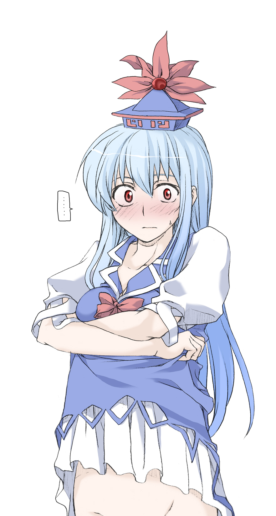 1girl, blue_hair, blush, censored, dress, dress_lift, embarrassed, hat