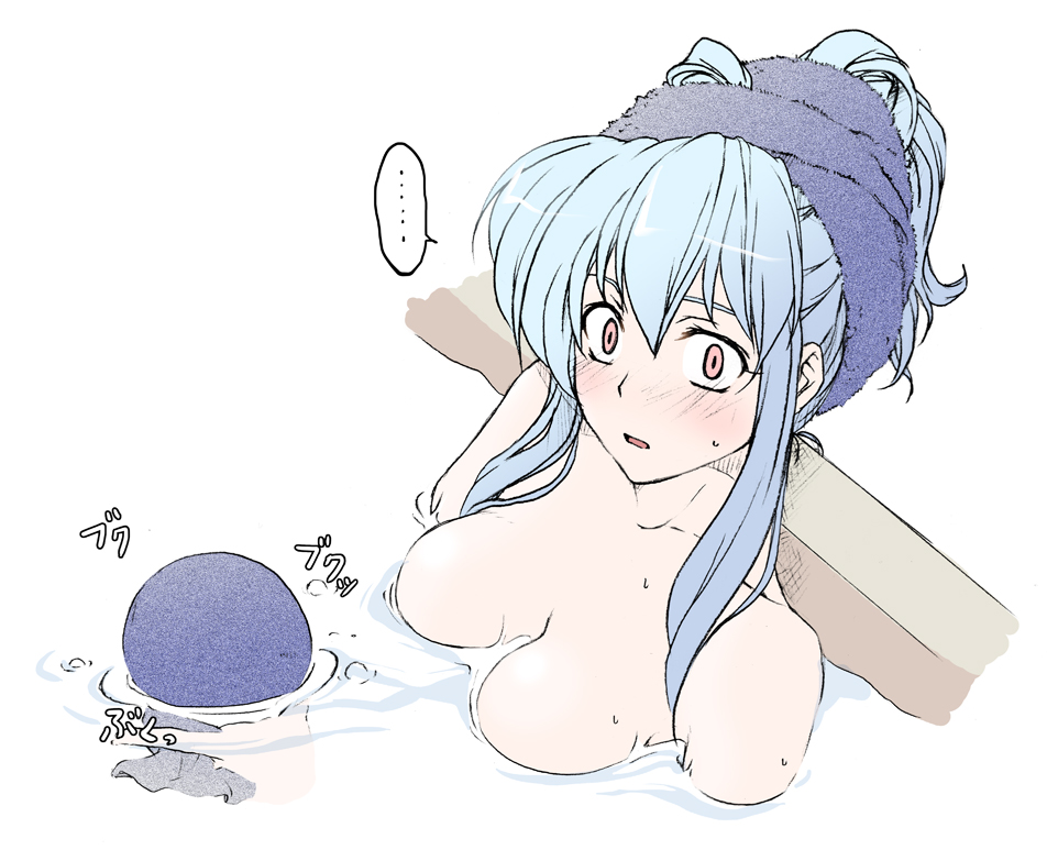 bath, bathing, blue_hair, blush, breasts, floating_breasts, hat, hmx99_elf, kamishirasawa_keine, long_hair, nude, red_eyes, solo, touhou, towel