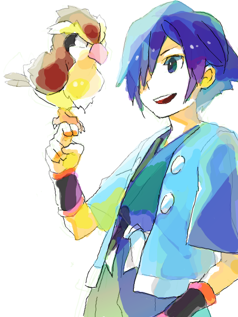 1boy, blue_hair, gym_leader, hayato_(pokemon), male, pidgey, pokemon, pokemon_(creature)