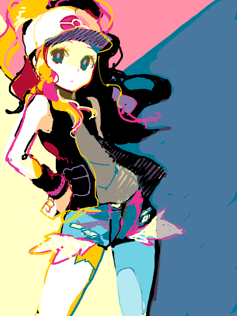 baseball_cap, blue_eyes, brown_hair, colorful, denim, denim_shorts, hat, long_hair
