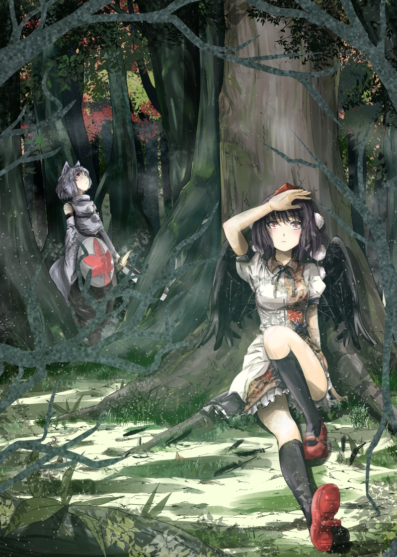 animal_ears, bird_wings, black_hair, branch, breasts, cibo_(12124416), cibo_(killy), detached_sleeves