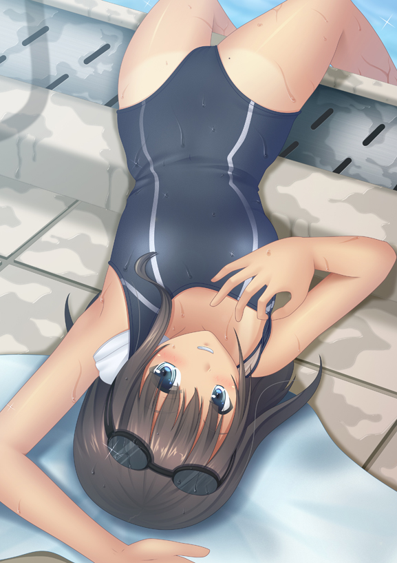 black_hair, blue_eyes, fuyu_urara, goggles, goggles_on_head, lying, on_back, one-piece_swimsuit