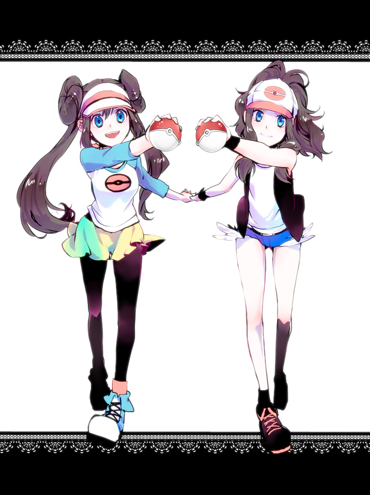 blue_eyes, border, brown_hair, cap, cutoffs, denim, denim_shorts, double_bun, female_protagonist_(pokemon_bw2), full_body, hat, holding, holding_hands, holding_poke_ball, komenama, legwear_under_shorts, mei_(pokemon), multiple_girls, pale_skin, pantyhose, poke_ball, poke_ball_print, pokemon, pokemon_(game), pokemon_bw, pokemon_bw2, ponytail, raglan_sleeves, shorts, skirt, smile, symmetry, touko_(pokemon), twintails, visor, visor_cap