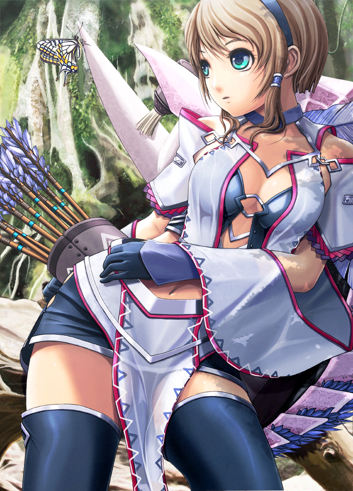 :d, bare_shoulders, black_legwear, blue_eyes, bow_(weapon), breasts, brown_hair, butterfly, center_opening, cleavage, crop_top, detached_sleeves, elbow_gloves, equis_(armor), feathers, gloves, hair_ornament, hair_tubes, leaning, loincloth, looking_away, midriff, miniskirt, monster_hunter, monster_hunter_frontier, nature, navel, no_bra, open_mouth, outdoors, quiver, revision, shadow, shawl, short_hair, side_slit, skirt, smile, solo, thigh-highs, thighhighs, v-mag, weapon, zettai_ryouiki