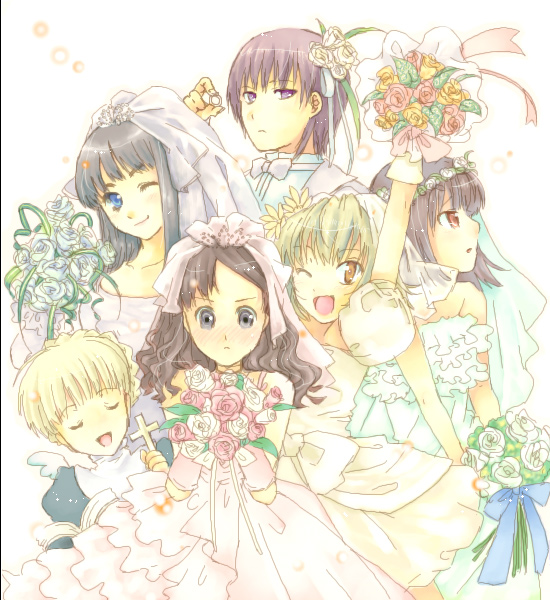 bare_shoulders, black_eyes, black_hair, blonde_hair, blue_eyes, bob_cut, bouquet, bow, bowtie, bridal_veil, bride, brown_eyes, closed_eyes, cross, dress, elbow_gloves, flower, gloves, hair_flower, hair_ornament, headdress, ichi404, jewelry, long_hair, nun, red_eyes, ring, sarah_adiemus, sawachika_eri, school_rumble, short_hair, suou_mikoto, takano_akira, tsukamoto_yakumo, tsumugi_yuuki, tuxedo, veil, wavy_hair, wedding_dress, wings, wink, yuuki_tsumugi