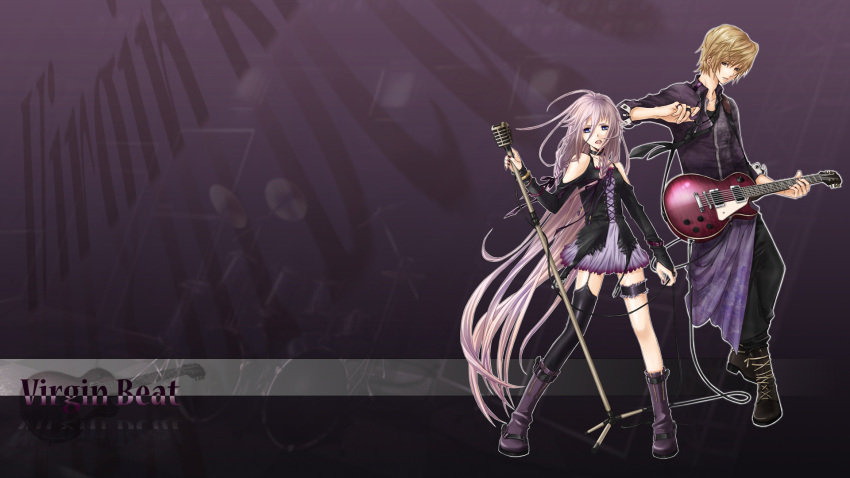 1920x1080, 1girl, bare_shoulders, blonde_hair, blue_eyes, boots, braid, electric_guitar