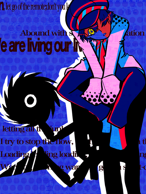 androgynous, bloody025, blue_hair, cabbie_hat, crossdressinging, dark_persona, drill, female, hair_between_eyes, hair_over_one_eye, hat, labcoat, long_sleeves, looking_at_viewer, necktie, open_mouth, pants, persona, persona_4, reverse_trap, shirogane_naoto, shoes, short_hair, sitting, solo, song_lyrics, text, tomboy, yellow_eyes
