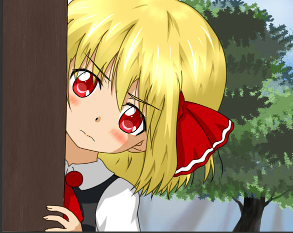 around_corner, ascot, blonde_hair, blush, hair_ribbon, hiding, peeking_out, red_eyes