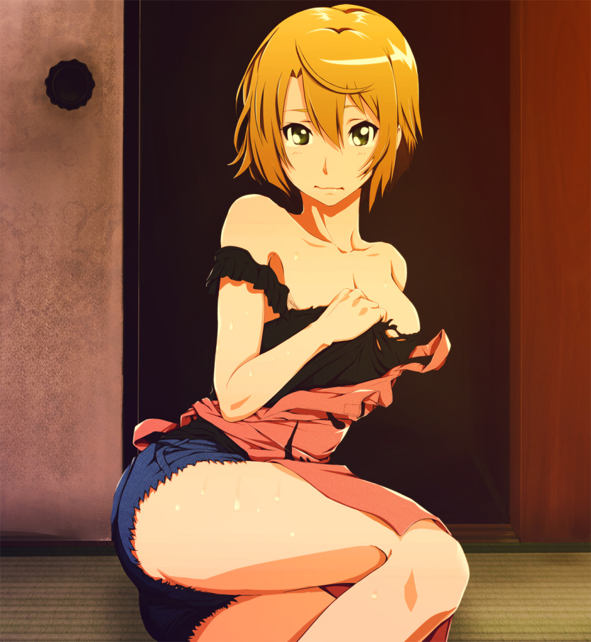 apron, barefoot, blush, breasts, cleavage, cutoffs, denim, denim_shorts