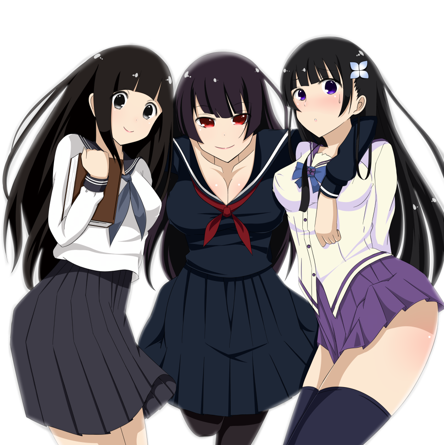 black_hair, black_legwear, book, bowtie, breasts, chitanda_eru, crossover, flower