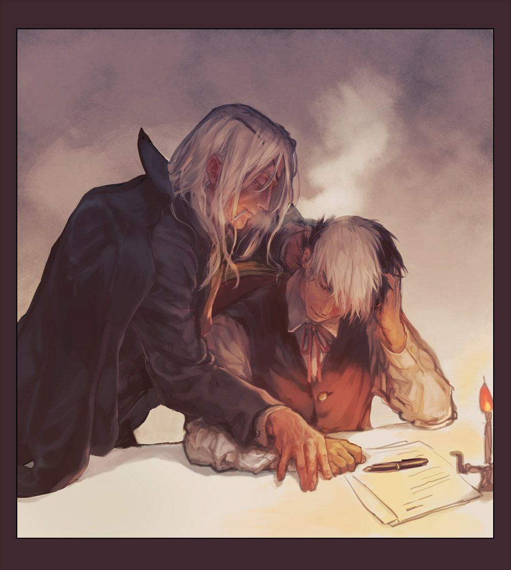 black_hair, black_jack, black_jack_(copyright), candle, cigarette, eyes_closed, hand_on_head, jacket, kiriko_(black_jack), long_hair, male, multicolored_hair, multiple_boys, paper, pen, realistic, scar, short_hair, sitting, smoking, two-tone_hair, vest, white_hair