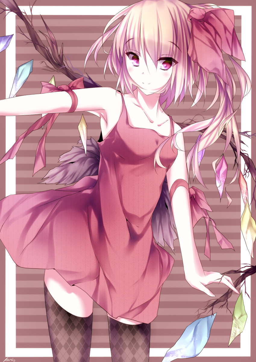 absurdres, alternate_costume, arm_ribbon, armpits, black_legwear, blonde_hair, blush, bow