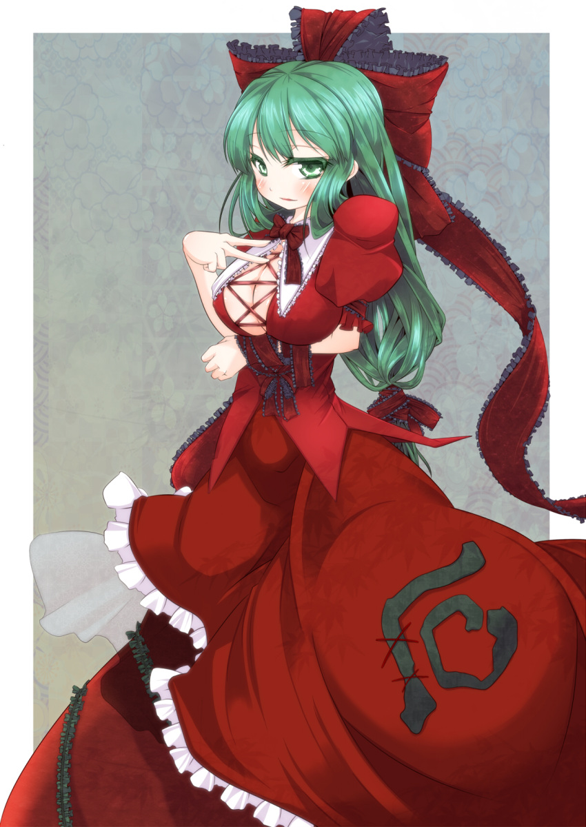 bow, breasts, cleavage, dress, frills, front_ponytail, green_eyes, green_hair