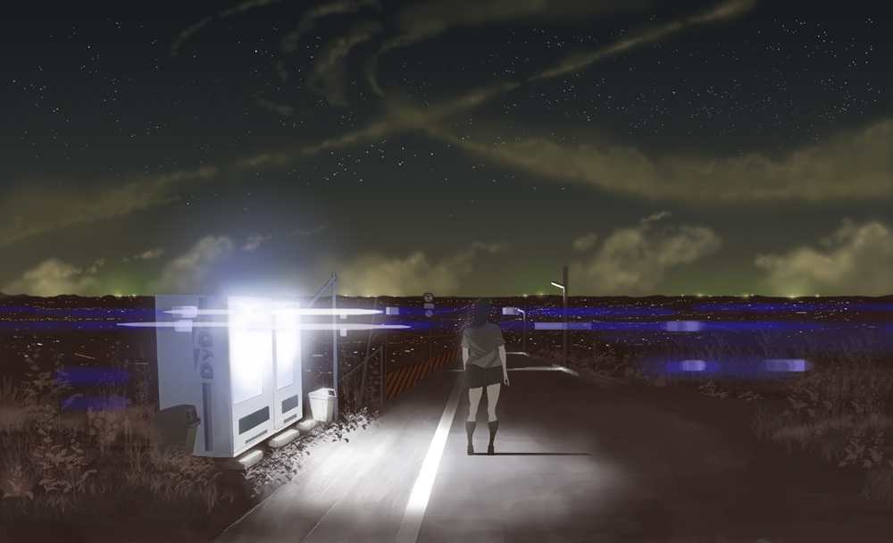 bad_id, city_lights, from_behind, lens_flare, night, original, scenery, school_uniform