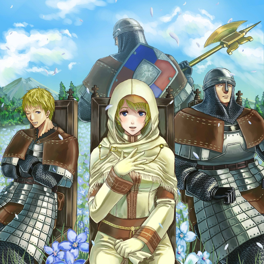 3boys, armor, axe, back, blonde_hair, blue_eyes, chair, cloud, clouds, dark_souls, dress, flower, full_armor, gloves, helmet, hood, looking_at_viewer, multiple_boys, nico_of_thorolund, outdoors, petals, petrus_of_thorolund, polearm, rhea_of_thorolund, robe, sekumaltuo, shield, short_hair, sitting, skirt, sky, smile, tree, vince_of_thorolund, weapon, wink