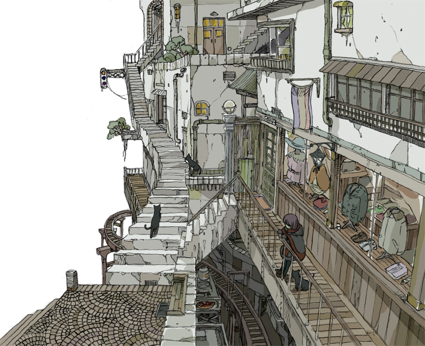 aoi_zero, boardwalk, cat, original, railroad_tracks, scenery, shop, simple_background, stairs, town, white_background