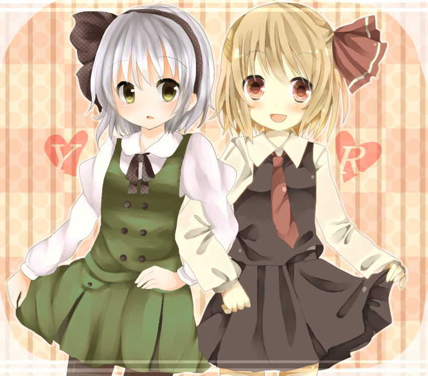 ascot, black_legwear, blonde_hair, green_eyes, hair_ribbon, hairband, konpaku_youmu, multiple_girls, open_mouth, pantyhose, red_eyes, ribbon, riino_(konamonndaisuki), rumia, shirt, short_hair, silver_hair, skirt, skirt_set, smile, touhou, youkai