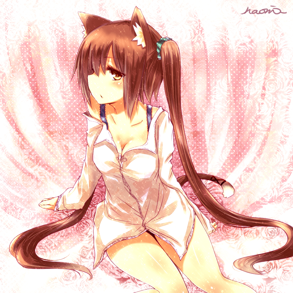 animal_ears, bottomless, breasts, brown_eyes, brown_hair, cat_ears, cat_tail, cleavage