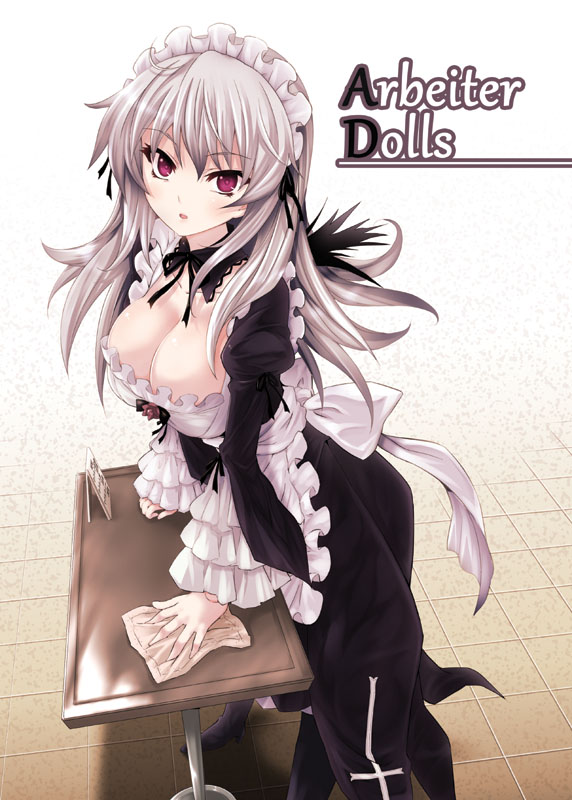 adapted_costume, blush, breasts, cleaning, long_hair, maid, maid_headdress, open_mouth