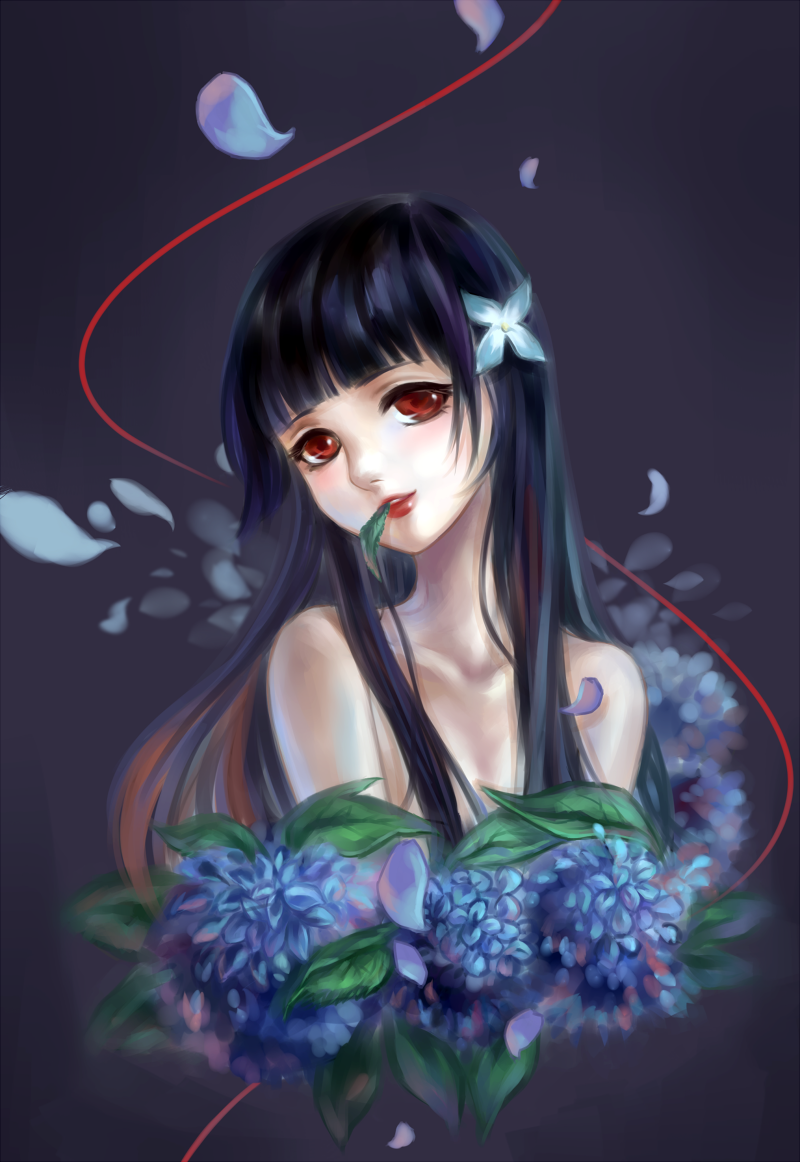 bare_shoulders, black_hair, flower, hair_flower, hair_ornament, hydrangea, leaf, lips, long_hair, mouth_hold, rainygo, red_eyes, red_string, sanka_rea, sankarea, solo, string, zombie