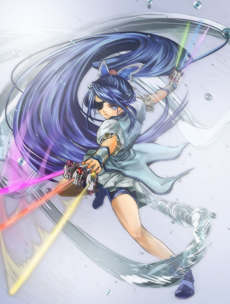 between_fingers, bike_shorts, blue, blue_background, blue_eyes, blue_hair, butterfly_hair_ornament, cure_aqua, cure_fleuret, curegolgom, energy_sword, eyepatch, hair_ornament, lightsaber, long_hair, minazuki_karen, parody, ponytail, precure, sengoku_basara, serious, shoes, shorts_under_skirt, skirt, sword, water, weapon, yes!_precure_5