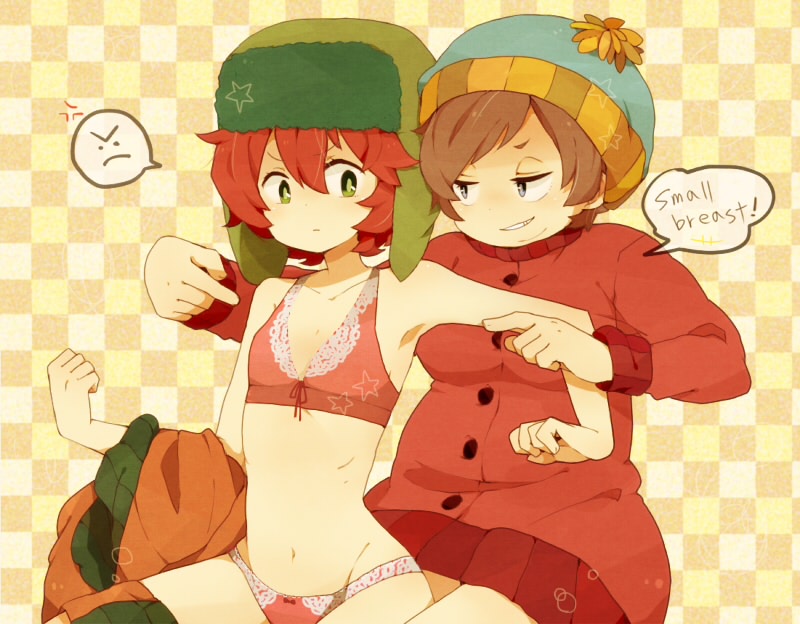 >:(, bare_shoulders, beanie, bra, breasts, brown_eyes, brown_hair, eric_cartman