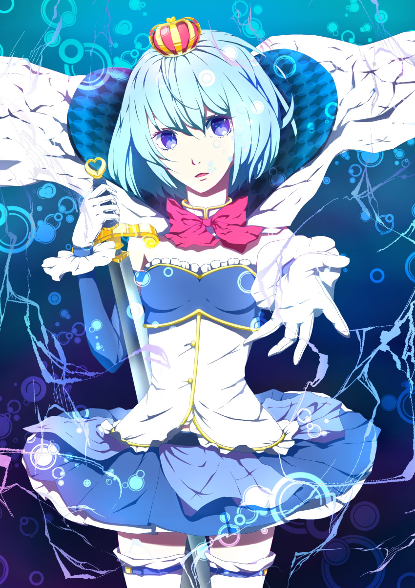 absurdres, blue_eyes, blue_hair, bubble, cape, crown, gloves, highres, magical_girl, mahou_shoujo_madoka_magica, miki_sayaka, nanae0207, oktavia_von_seckendorff, outstretched_hand, pleated_skirt, ribbon, short_hair, skirt, solo, spoilers, sword, thigh-highs, thighhighs, underwater, weapon, white_legwear