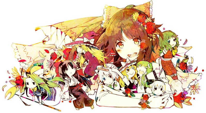 black_hair, blush, bow, braid, brown_hair, dual_persona, flower, frog_hair_ornament