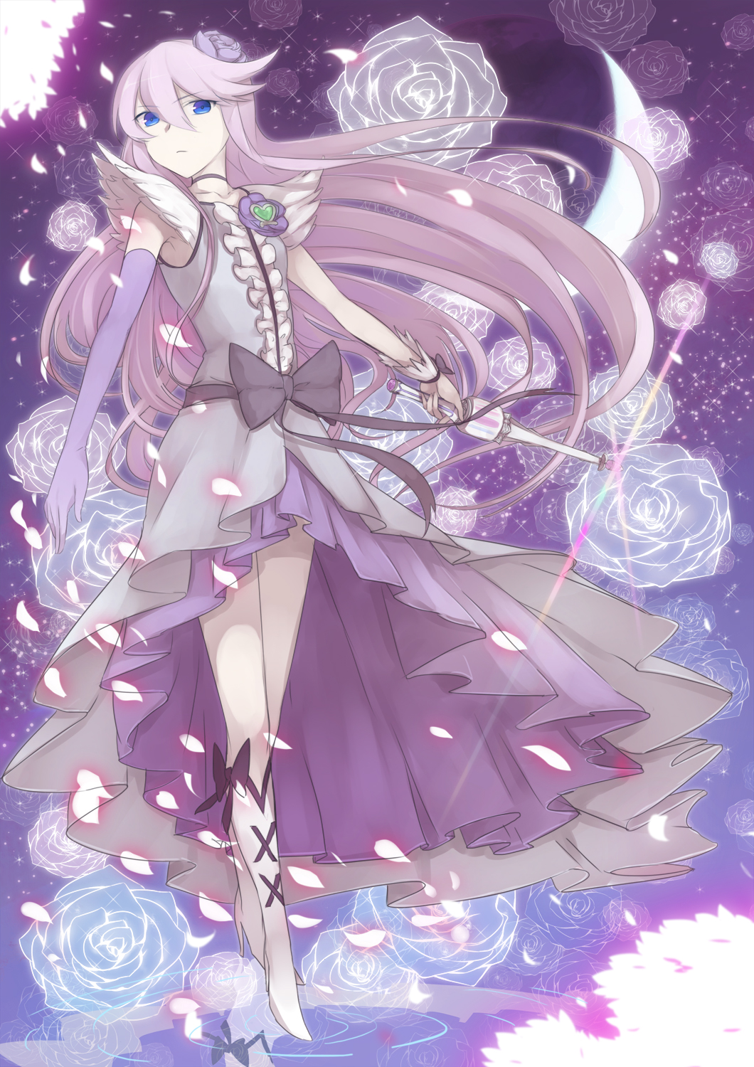 blue_eyes, boots, bow, brooch, choker, crescent, cure_moonlight, dress