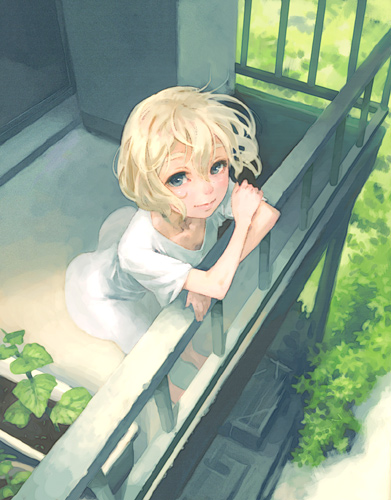 balcony, blonde_hair, dress, foreshortening, grey_eyes, leaning, looking_at_viewer, lowres