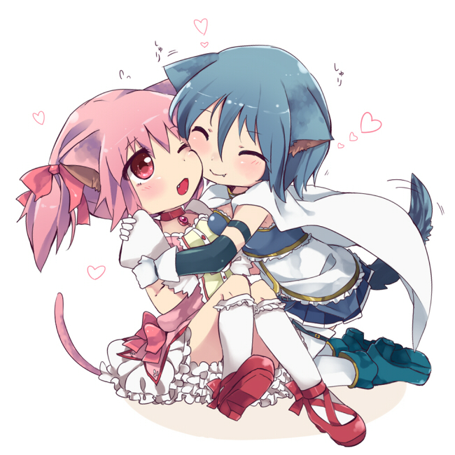 animal_ears, blue_hair, blush, bow, cape, cat_ears, cat_tail, cheek_press, cheek_rub, closed_eyes, detached_sleeves, dog_ears, dog_tail, dress, eyes_closed, fang, gloves, hair_bow, heart, hug, kaname_madoka, kemonomimi_mode, kneeling, magical_girl, mahou_shoujo_madoka_magica, miki_sayaka, multiple_girls, open_mouth, pink_dress, pink_eyes, pink_hair, runamatu, short_hair, sitting, smile, tail, tail_wagging, twintails, white_gloves, wink, yuri