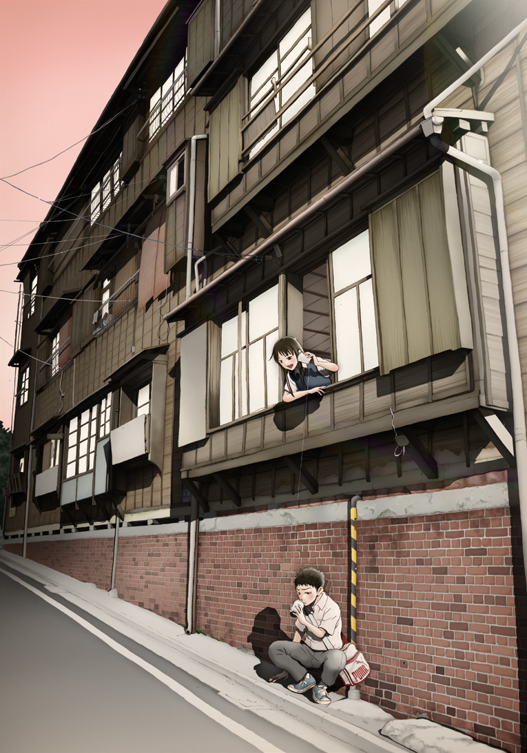 1girl, bag, balcony, black_hair, blue_shoes, brick, brown_hair, building