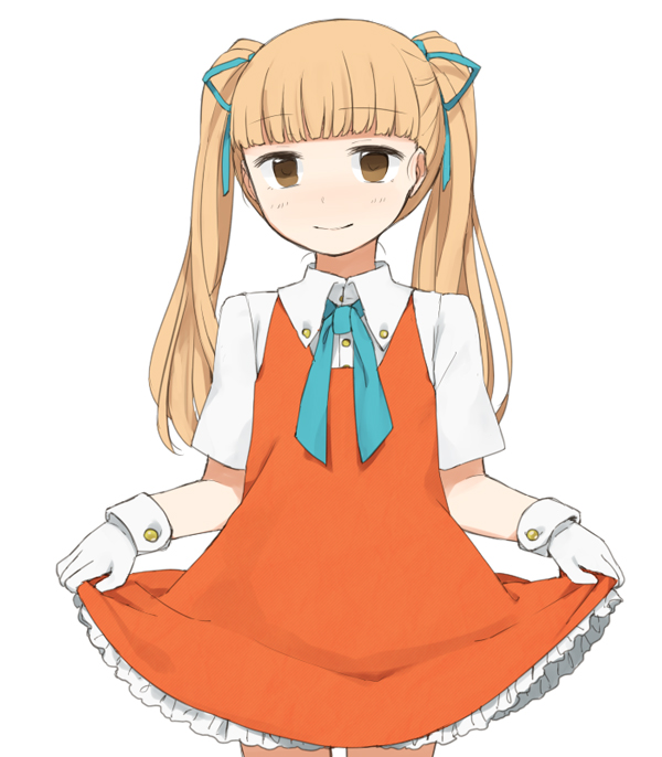 bow, brown_eyes, cosplay, costume, cream_(sonic), cream_the_rabbit, cuffs, dress, frilled_skirt, hair_bow, humanization, layered_skirt, light_smile, long_hair, looking_at_viewer, orange_dress, personification, petite, short_sleeves, simple_background, skirt_hold, solo, sonic_(series), standing, tsuzuya_(knt31), twintails, white_background