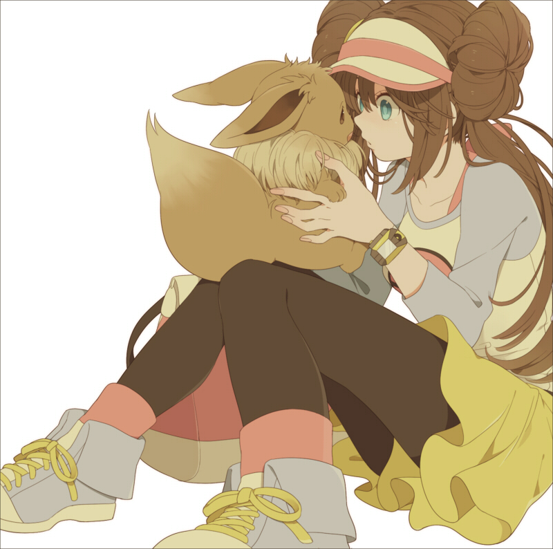 1girl, bag, black_legwear, brown_hair, double_bun, eevee, green_eyes, komasawa_(fmn-ppp)