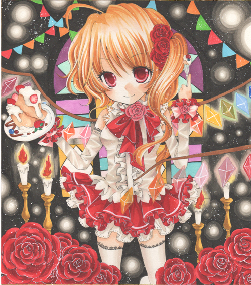 ahoge, alternate_costume, alternate_hair_color, arm_up, ascot, bare_shoulders, candle, candlestick