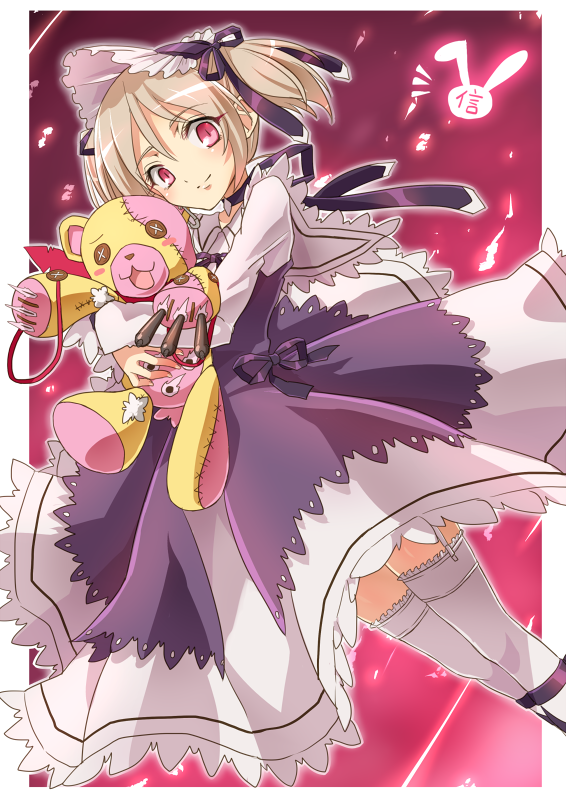 1girl, annerose_redrum, arai_nobu, blush, brown_hair, dress, garter_straps, hair_ribbon