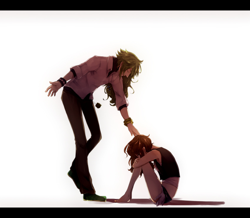 barefoot, brown_hair, couple, denim, denim_shorts, green_hair, highres, jewelry