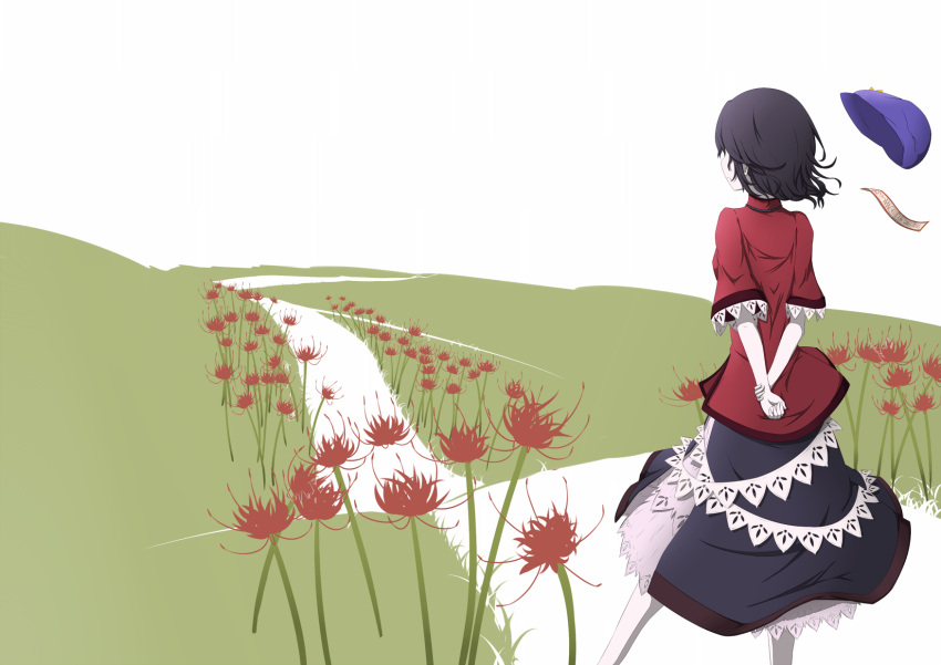 arms_behind_back, blue_hair, chinese_clothes, flat_color, flower, from_behind, grass, hat, hat_removed, headwear_removed, high_collar, highres, horizon, miyako_yoshika, ofuda_removed, pale_skin, path, short_hair, skirt, sogabu_mikoto, solo, spider_lily, touhou, v_arms, walking, wind
