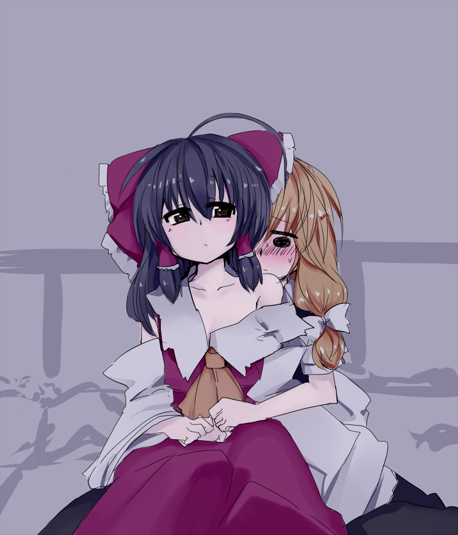 ascot, blush, bow, hair_bow, hair_tubes, hakurei_reimu, kirisame_marisa, long_hair