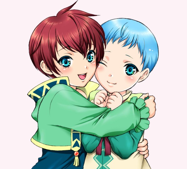 asbel_lhant, blue_eyes, blue_hair, blush, brothers, child, coat, hubert_ozwell