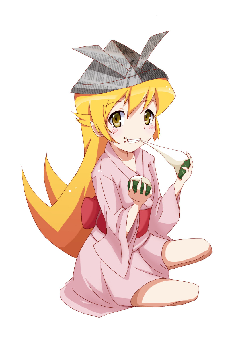akumu_(hiziiiiii), blonde_hair, eating, food, hat, highres, japanese_clothes, long_hair, mochi, monogatari_(series), nisemonogatari, oshino_shinobu, pointy_ears, simple_background, solo, wagashi, white_background, yellow_eyes, zongzi