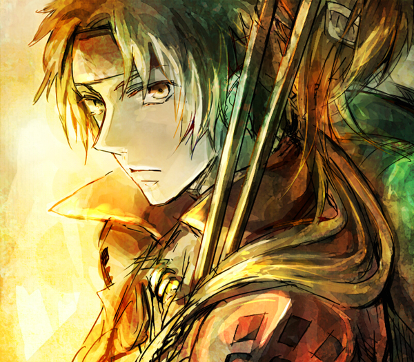 back-to-back, brown_eyes, expressionless, genmai, grey_hair, headband, male, multiple_boys
