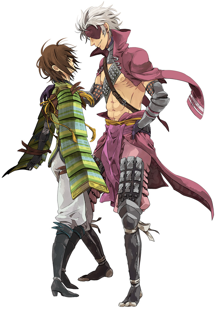 abs, bad_id, boots, brown_hair, chousokabe_motochika, chousokabe_motochika_(sengoku_basara), eyepatch, gloves, hand_on_hip, height_difference, hips, male, messy_hair, mouri_motonari, multiple_boys, pants, sengoku_basara, smile, vox, white_background, white_hair