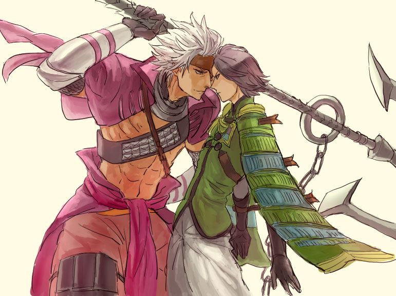 anchor, armor, black_hair, chousokabe_motochika, chousokabe_motochika_(sengoku_basara), eye_contact, gloves, ikam