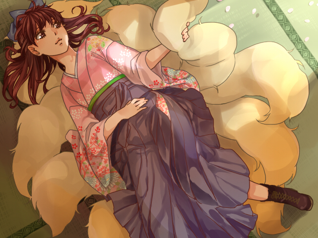 animal_ears, brown_eyes, brown_hair, fox_ears, fox_tail, hair_ribbon, japanese_clothes, kimono, lips, long_hair, lying, multiple_tails, on_back, original, pappappao, petals, ribbon, tail, tail_fondling, tatami