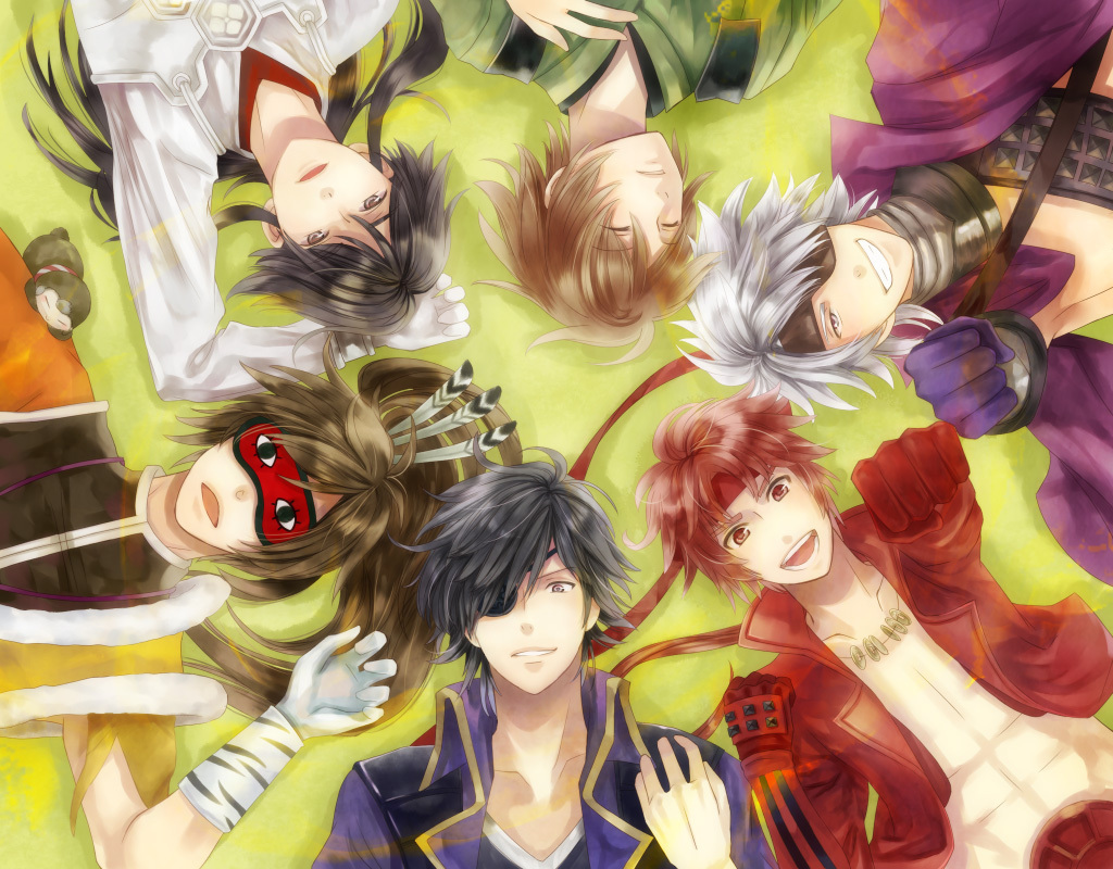 abs, azai_nagamasa, azai_nagamasa_(sengoku_basara), black_hair, brown_hair, chousokabe_motochika, chousokabe_motochika_(sengoku_basara), circle_formation, closed_eyes, date_masamune, date_masamune_(sengoku_basara), eyepatch, eyes_closed, gloves, green_background, headband, long_hair, lying, maeda_keiji, male, mamipo, messy_hair, monkey, mouri_motonari, multiple_boys, ponytail, sanada_yukimura, sanada_yukimura_(sengoku_basara), sengoku_basara, sleep_mask, sleeping, smile, white_hair, yumekichi