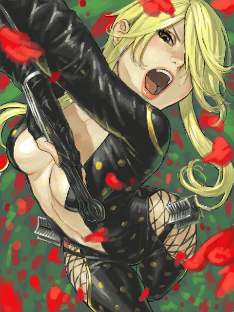 bare_hips, blonde_hair, bodysuit, breasts, center_opening, green_background, green_eyes, hips